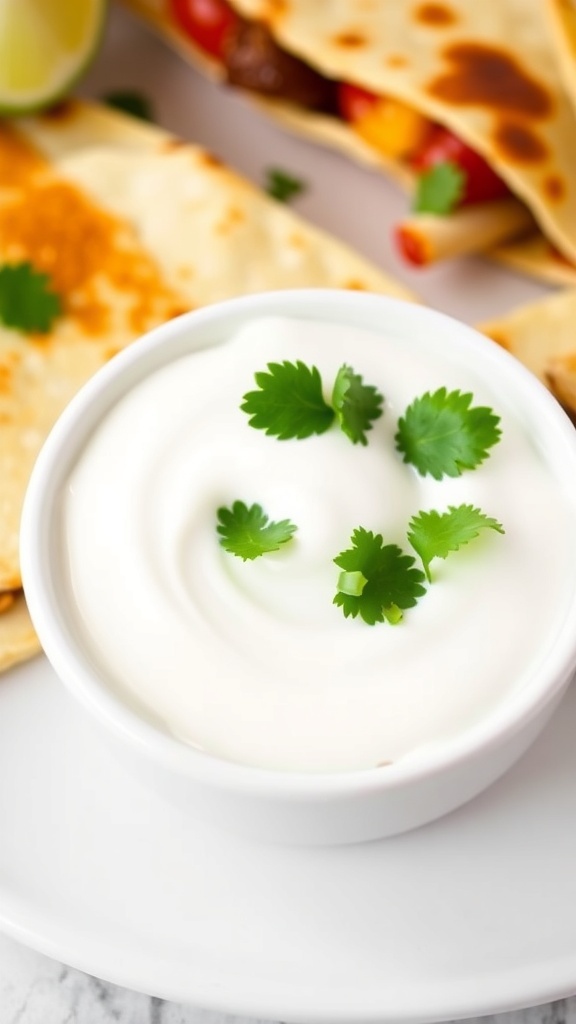 Creamy quesadilla sauce in a bowl, garnished with cilantro, next to crispy quesadillas.